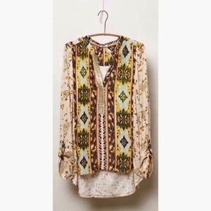 Anthropologie TINY Devas Popover Top Floral Sequins Mixed Materials Boho Small